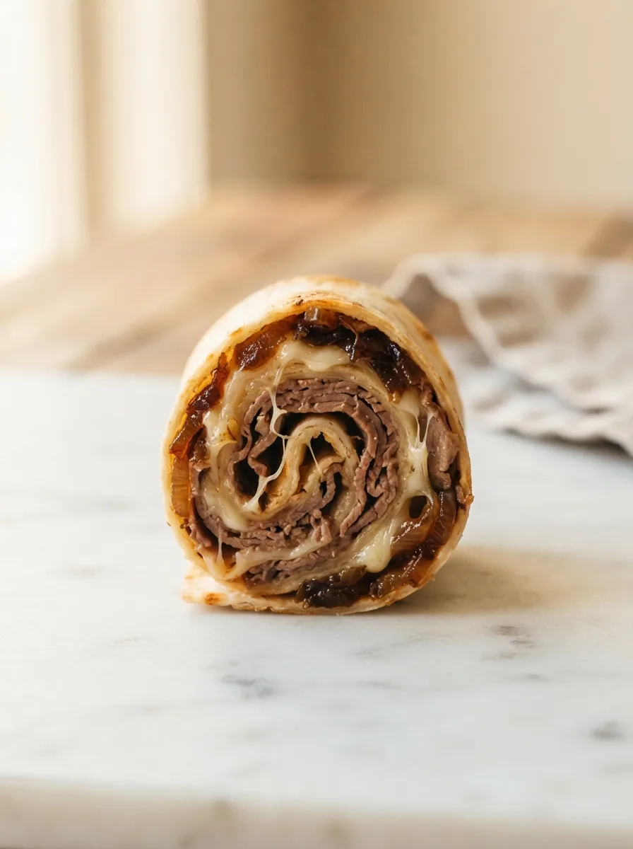Cross-section of a french dip roll up showing melted provolone and roast beef spiral layers
