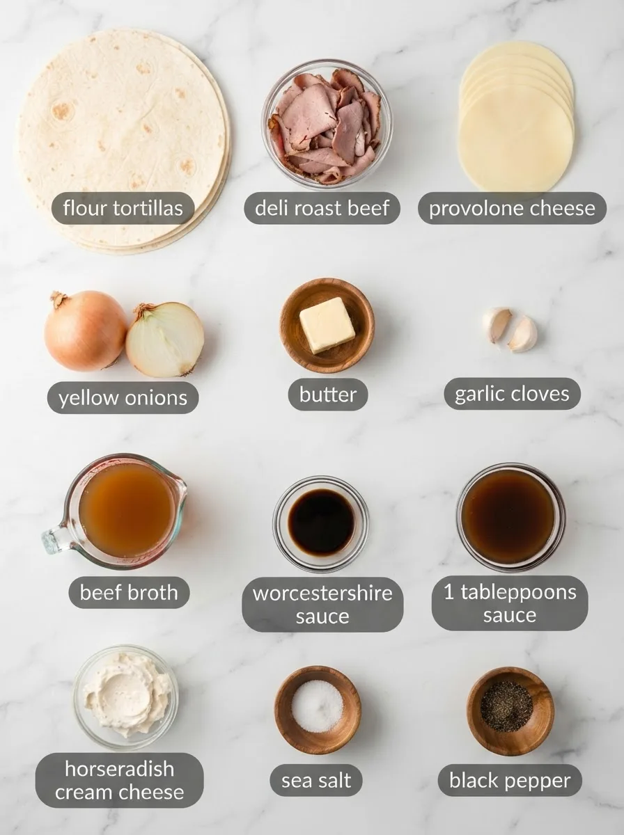 Ingredients for french dip tortilla roll ups measured into bowls on a marble surface