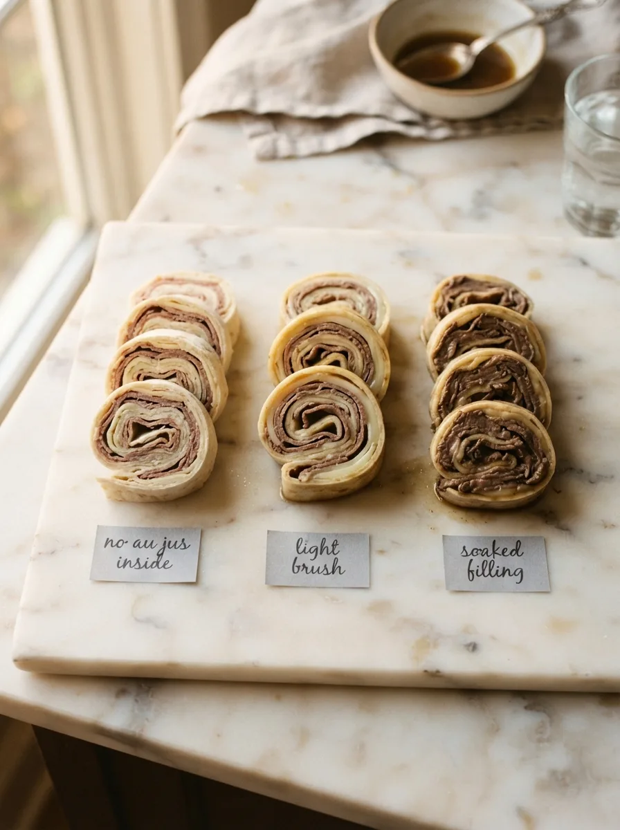Comparison of french dip roll ups showing soggy, dry, and properly moistened tortilla results