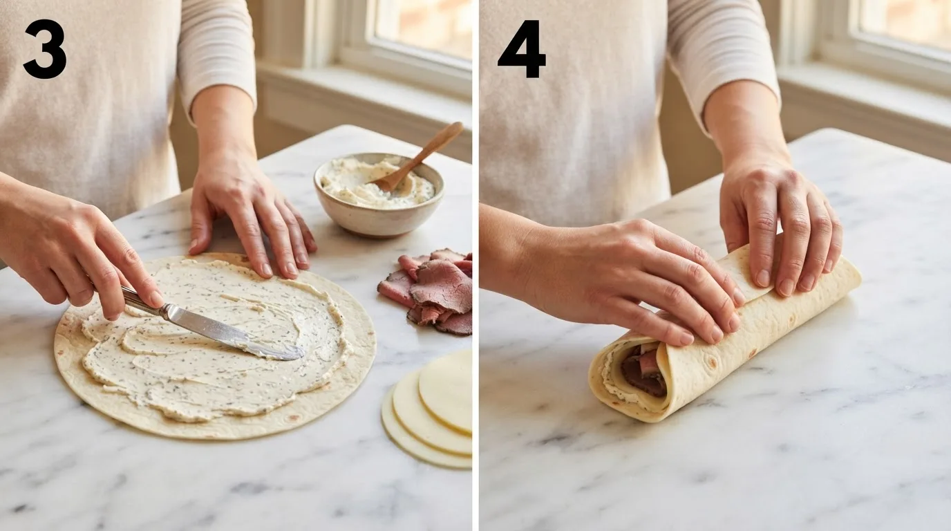 Spreading horseradish cream cheese on a tortilla before layering roast beef / Rolling the filled tortilla tightly into a log for slicing into pinwheels