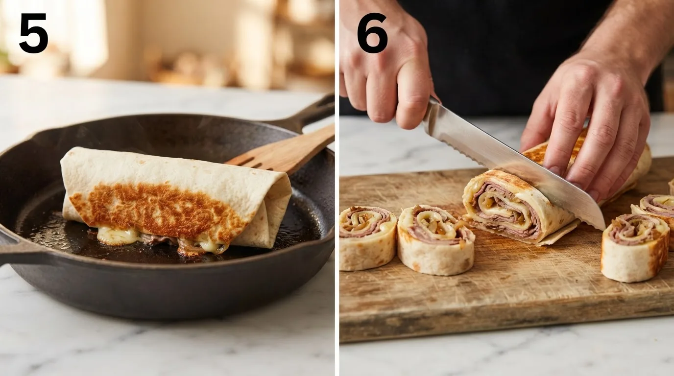 Searing a french dip tortilla roll seam-side down until golden brown / Slicing the seared roll into pinwheels showing the beef and cheese spiral
