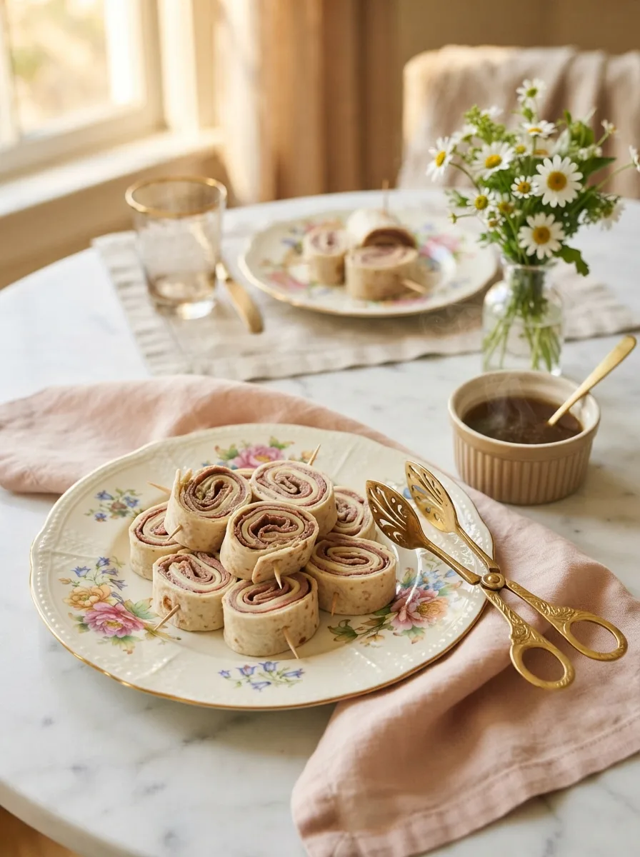 Platter of french dip roll ups styled with au jus and linen napkin on a marble table