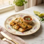 Golden garlic butter cod strips with sweet chili lime sauce on a floral plate