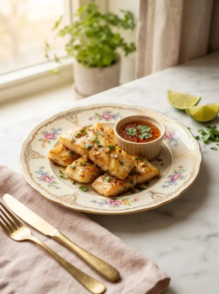 Golden garlic butter cod strips with sweet chili lime sauce on a floral plate