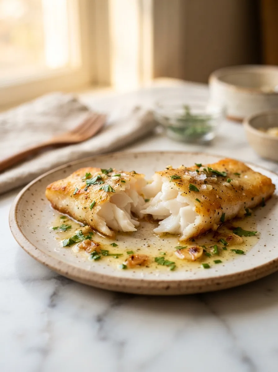 Flaky interior of a garlic butter seared cod strip broken open on a plate