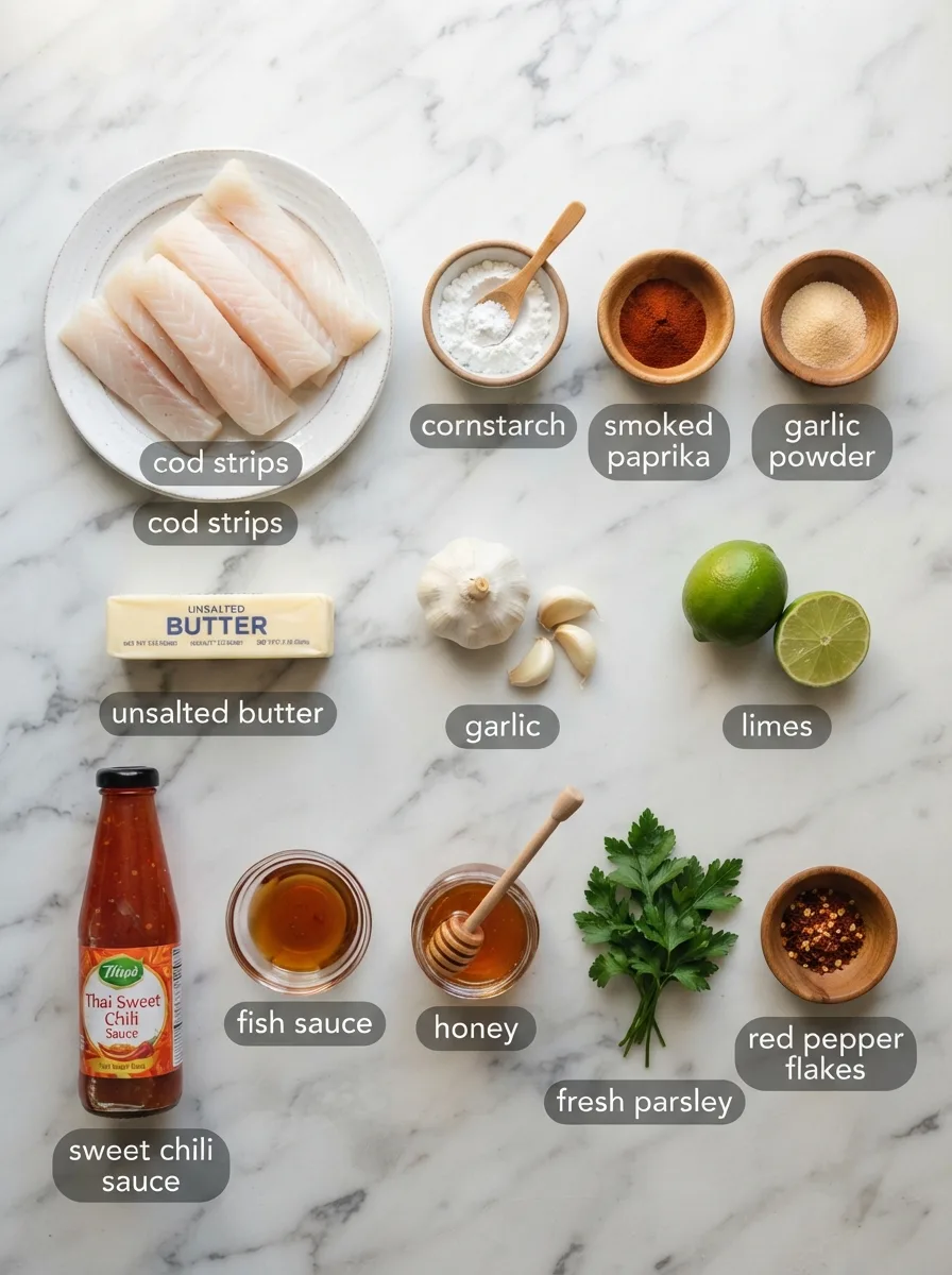 Ingredients for garlic butter cod strips with sweet chili lime sauce on marble