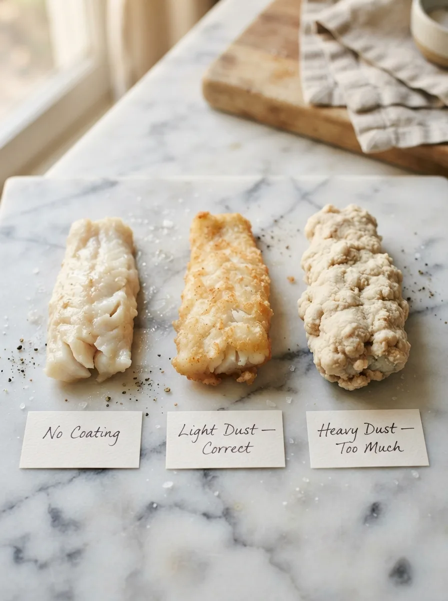 Comparison of cod strip crust with no coating, light dust, and heavy dust
