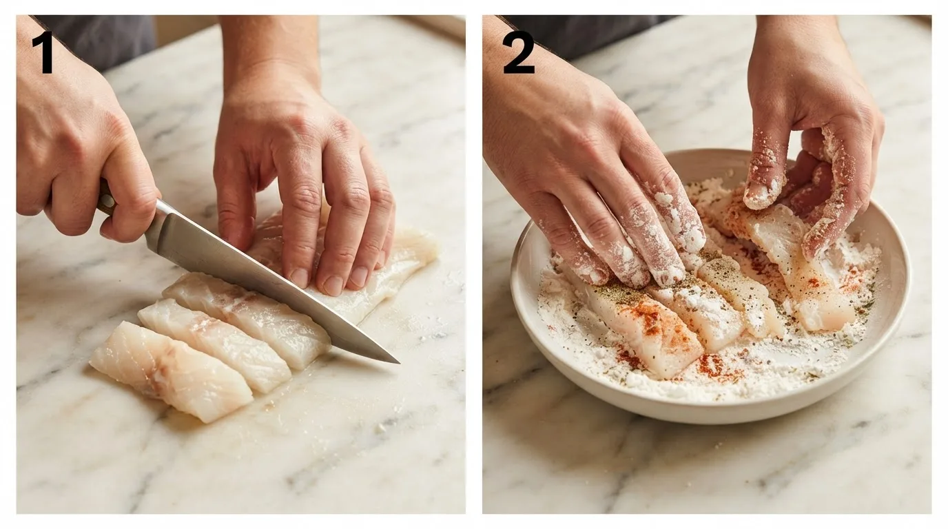 Slicing raw cod fillet into strips on a marble surface / Pressing cod strips into seasoned cornstarch coating