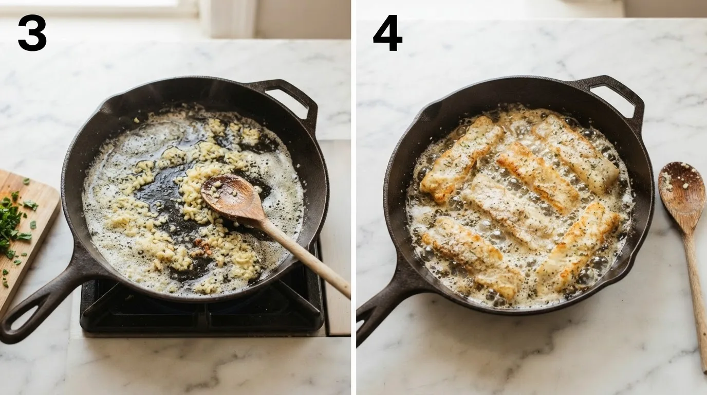 Stirring minced garlic into foaming butter in a skillet / Laying coated cod strips into garlic butter in a single layer