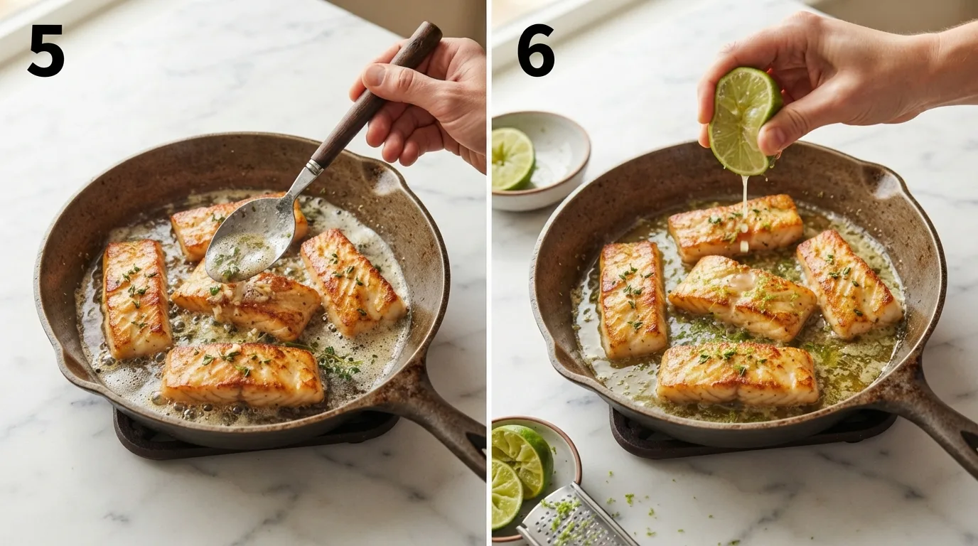 Basting golden garlic butter over seared cod strips / Squeezing fresh lime juice over finished cod strips in the pan