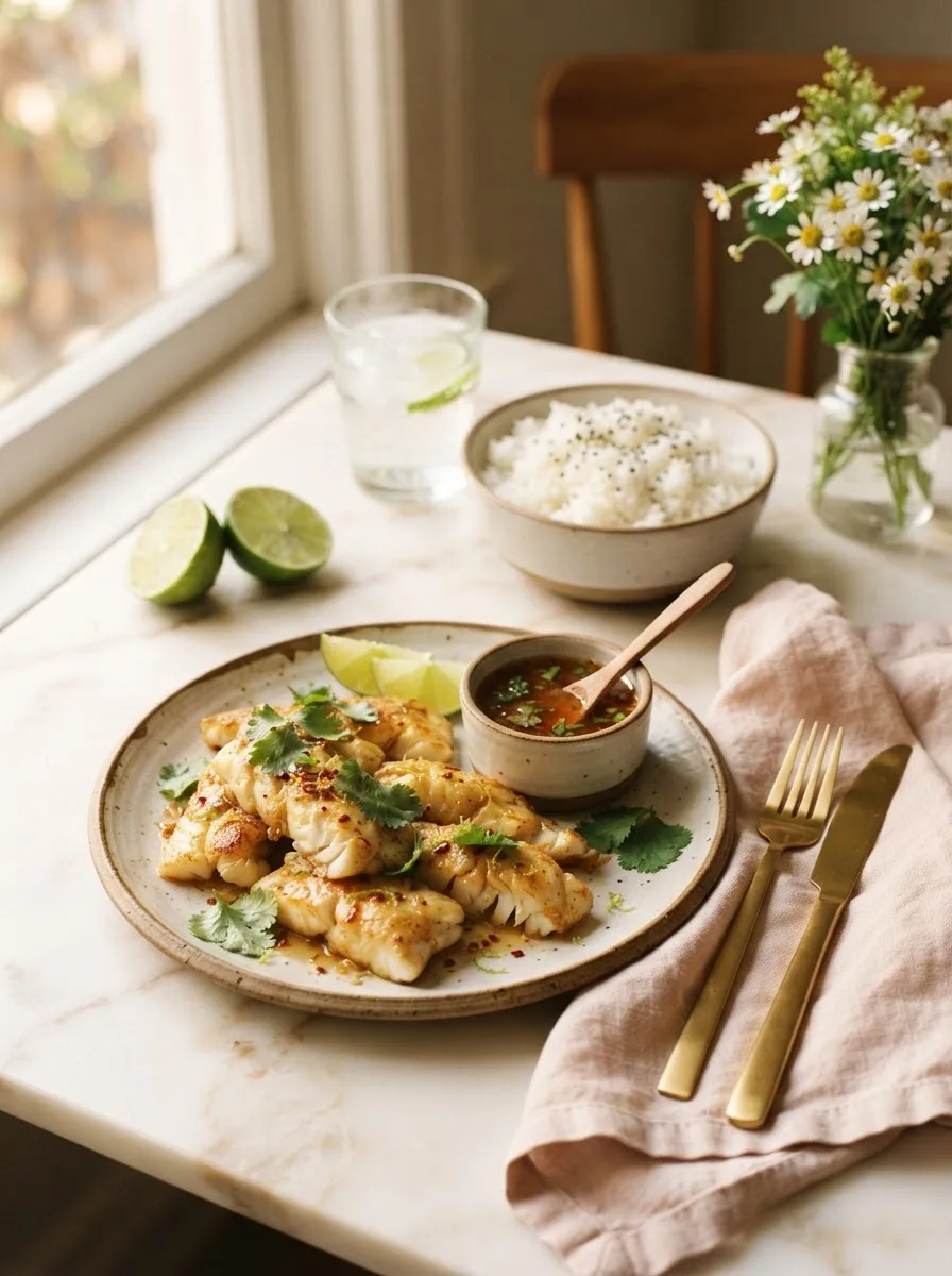 Garlic butter cod strips served with rice and sweet chili lime sauce