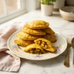 Golden turmeric jamaican curry chicken patties stacked on a floral plate with one split open