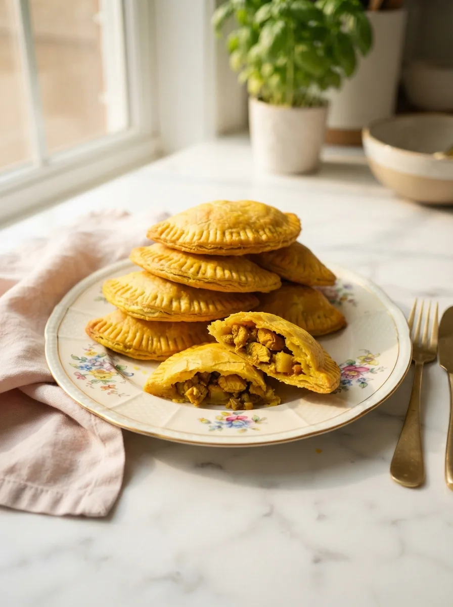 Golden turmeric jamaican curry chicken patties stacked on a floral plate with one split open