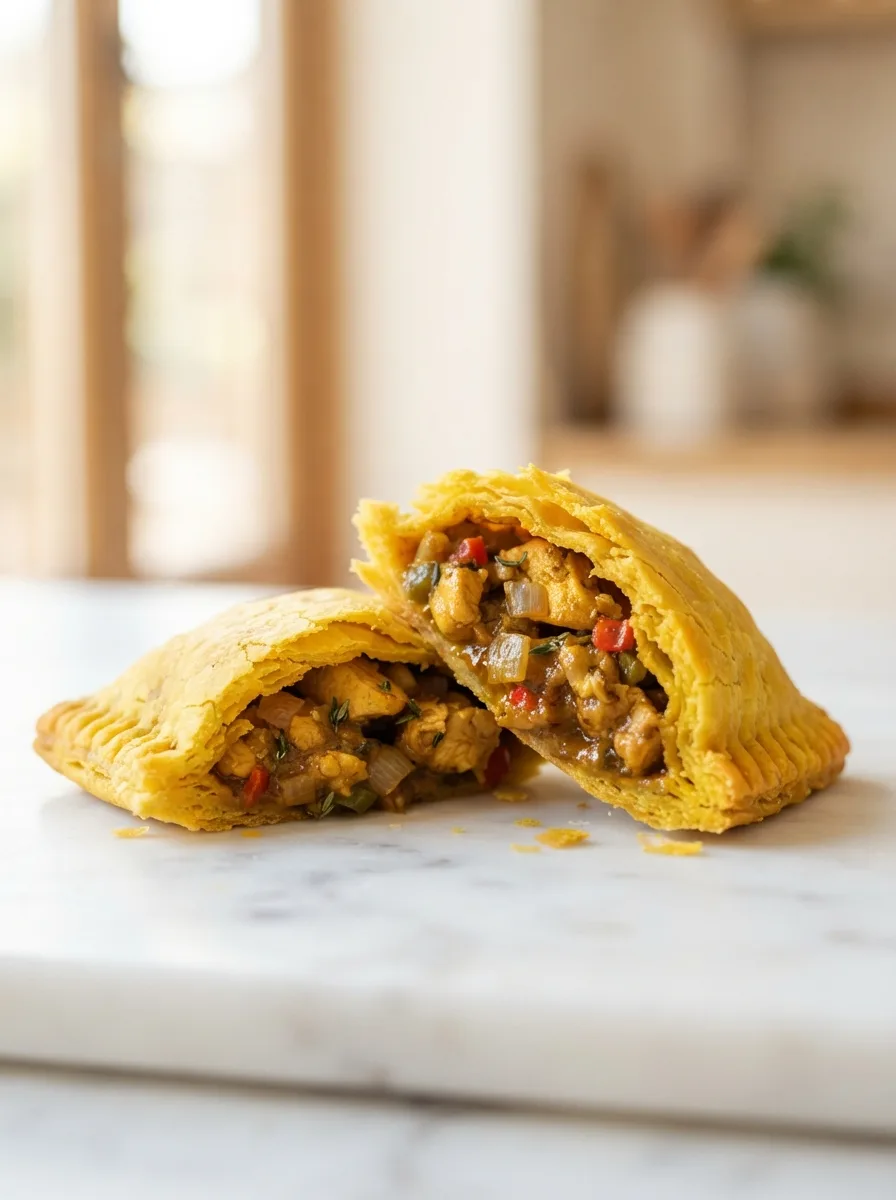 Cross-section of a jamaican curry chicken patty showing flaky crust and thick curry filling