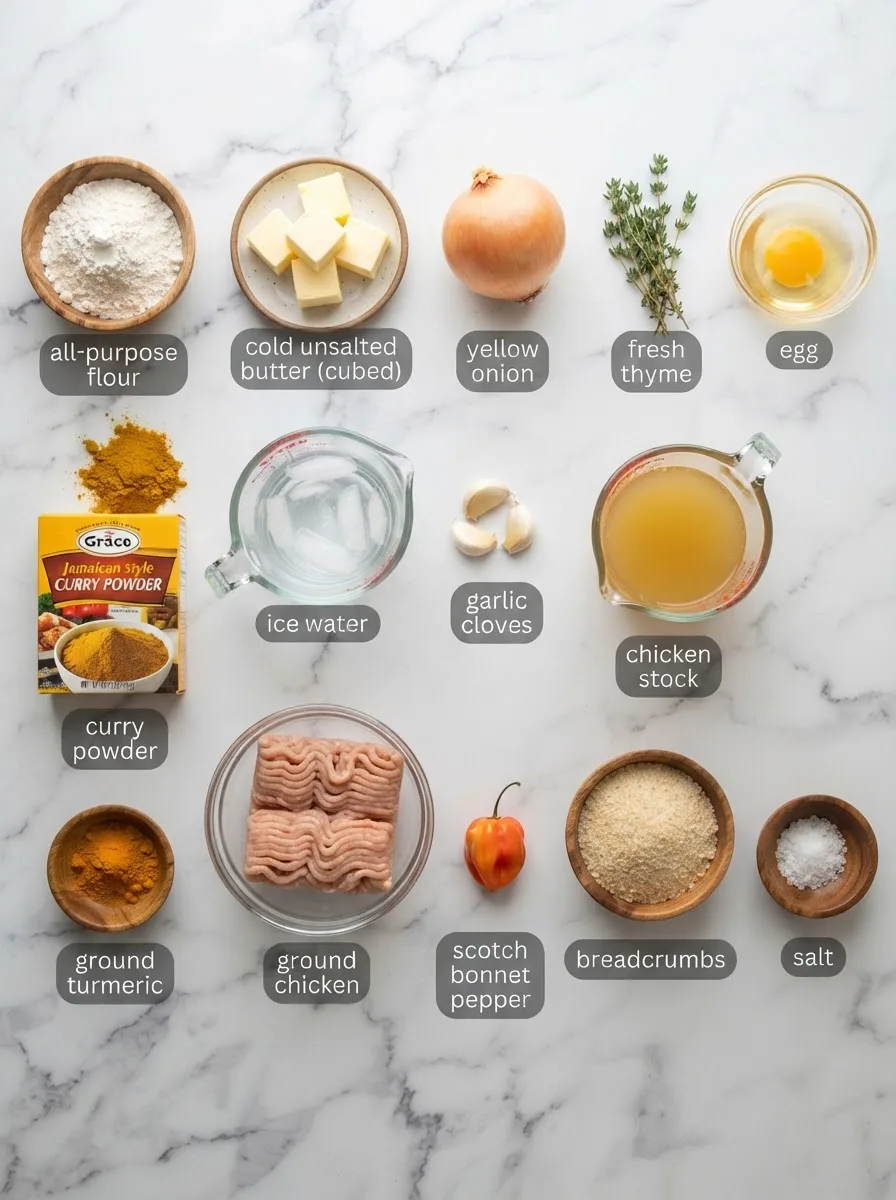 Ingredients for jamaican curry chicken patties in bowls: flour, curry powder, chicken, turmeric, scotch bonnet