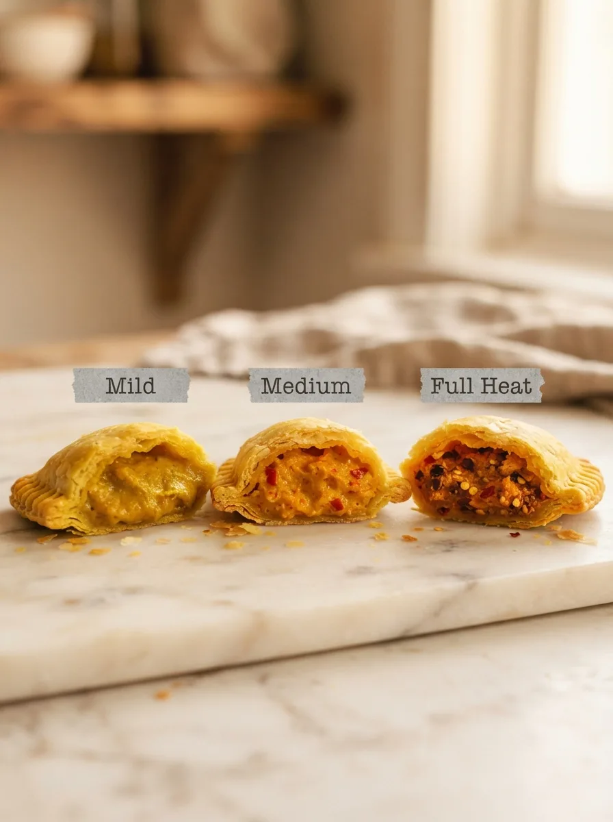 Three jamaican curry chicken patties split open comparing mild, medium, and full scotch bonnet heat