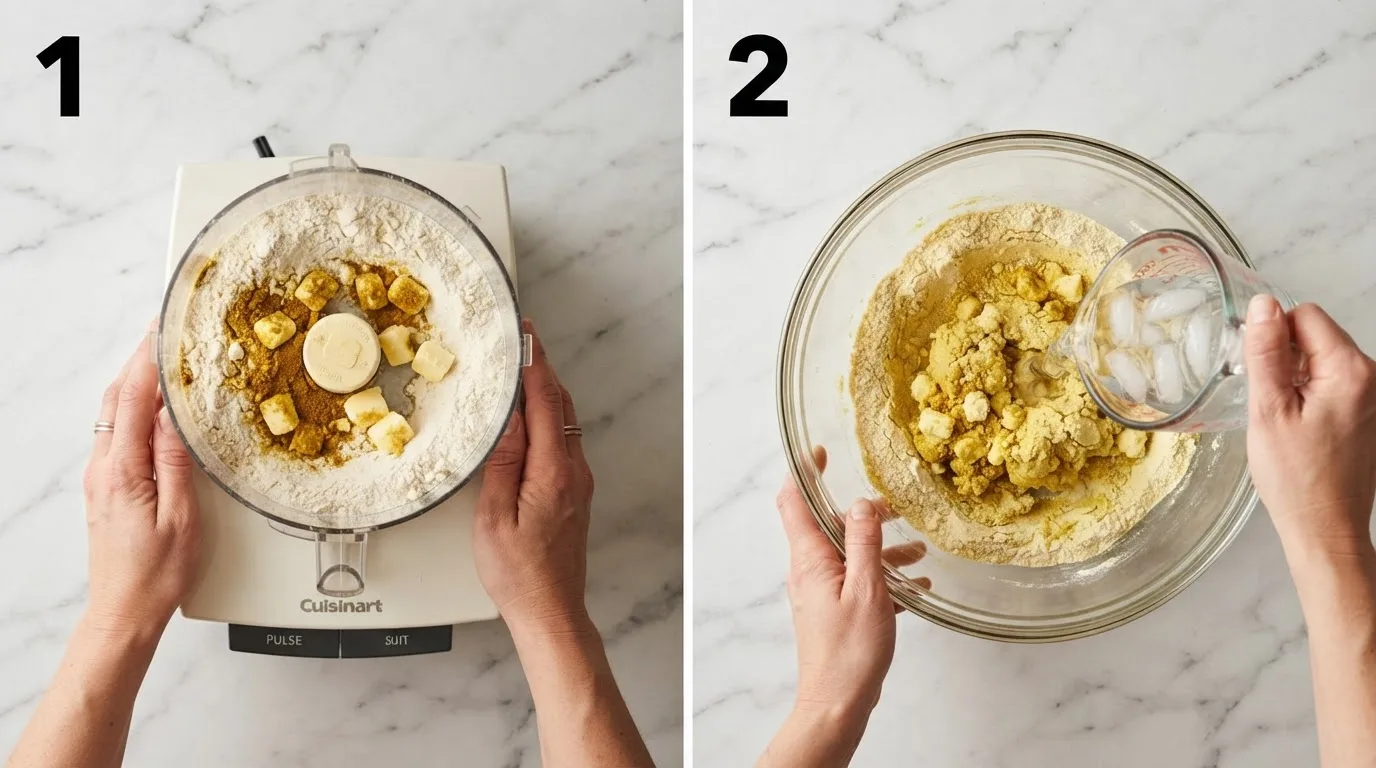 Pulsing turmeric flour and cold butter in a food processor for patty dough / Pouring ice water into curry pastry dough to bring it together
