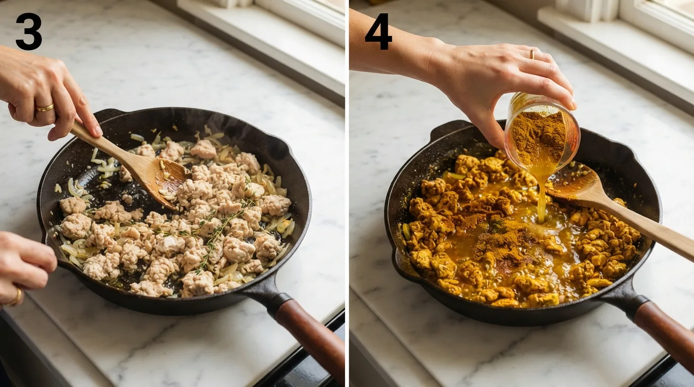 Breaking up ground chicken with a wooden spoon for curry chicken patties filling / Pouring curry powder and stock into the chicken filling for jamaican curry chicken patty