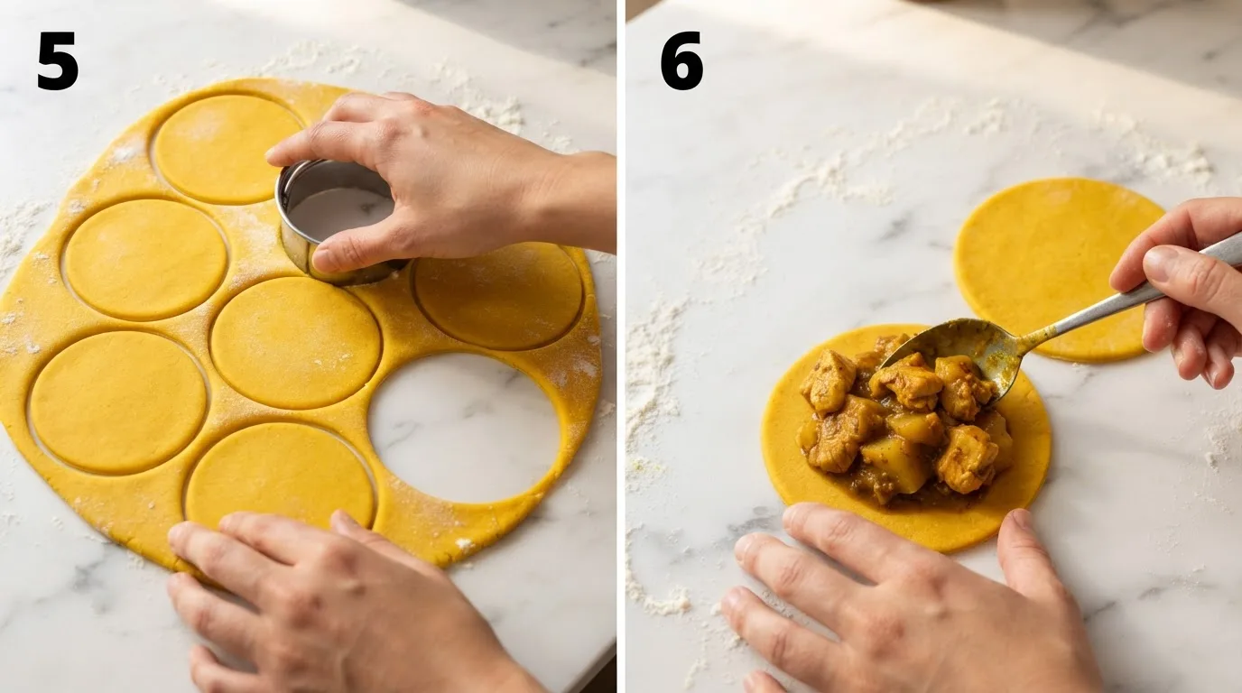Cutting round dough circles for jamaican curry chicken patties on a floured surface / Spooning thick curry chicken filling onto a dough circle before folding into a patty