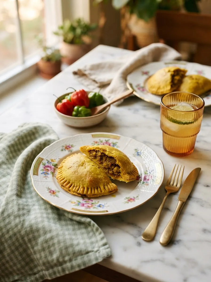 Jamaican curry chicken patties served on a table with scotch bonnet peppers and ginger beer