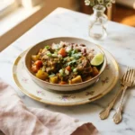Deep amber jamaican curry goat with bone-in meat and potato in a floral bowl