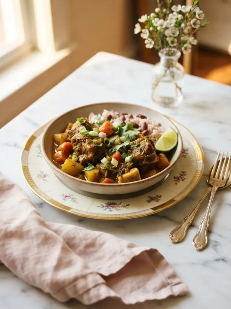 Deep amber jamaican curry goat with bone-in meat and potato in a floral bowl