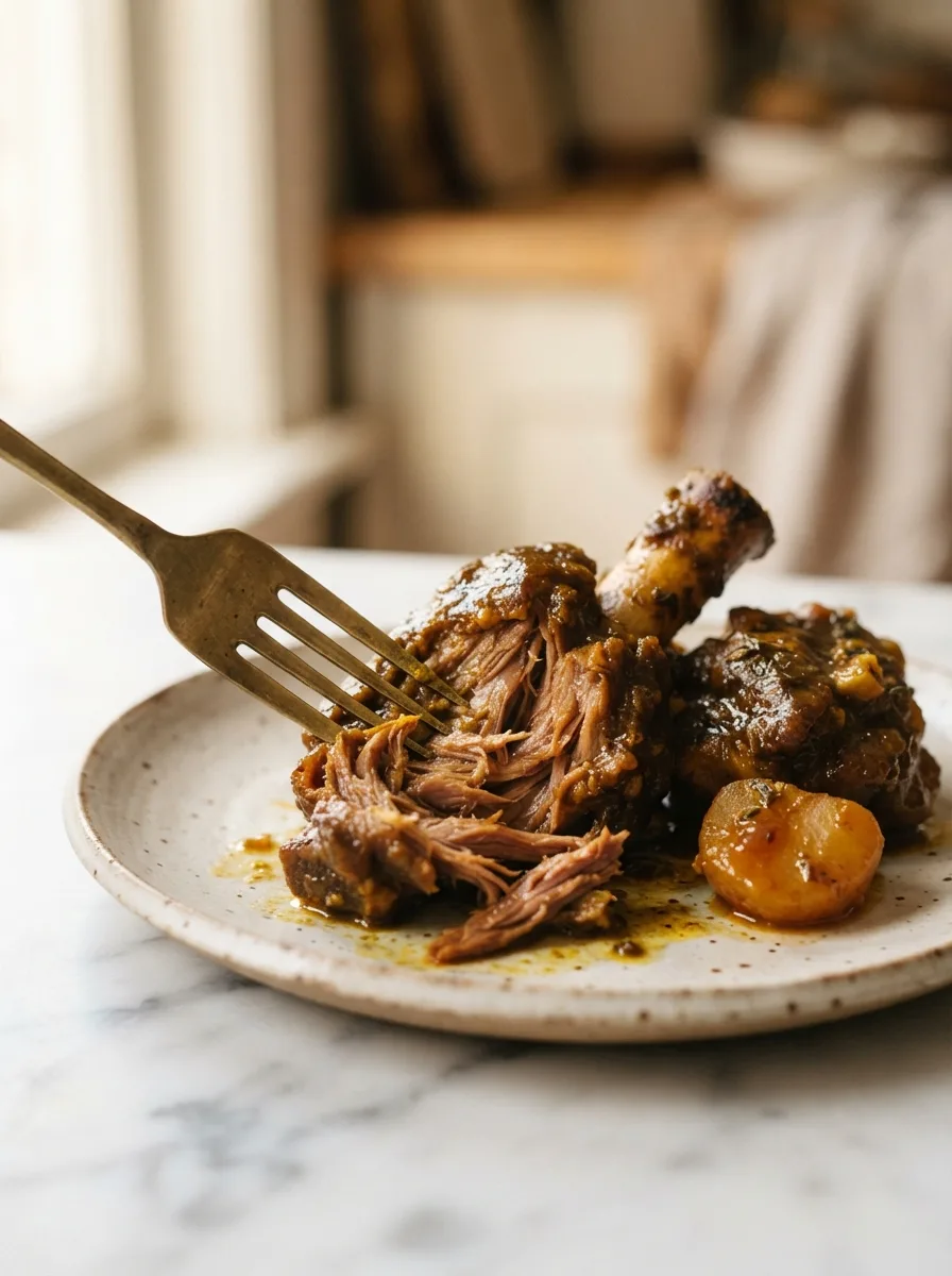 Tender curry goat meat pulled apart with a fork showing fall-off-bone texture