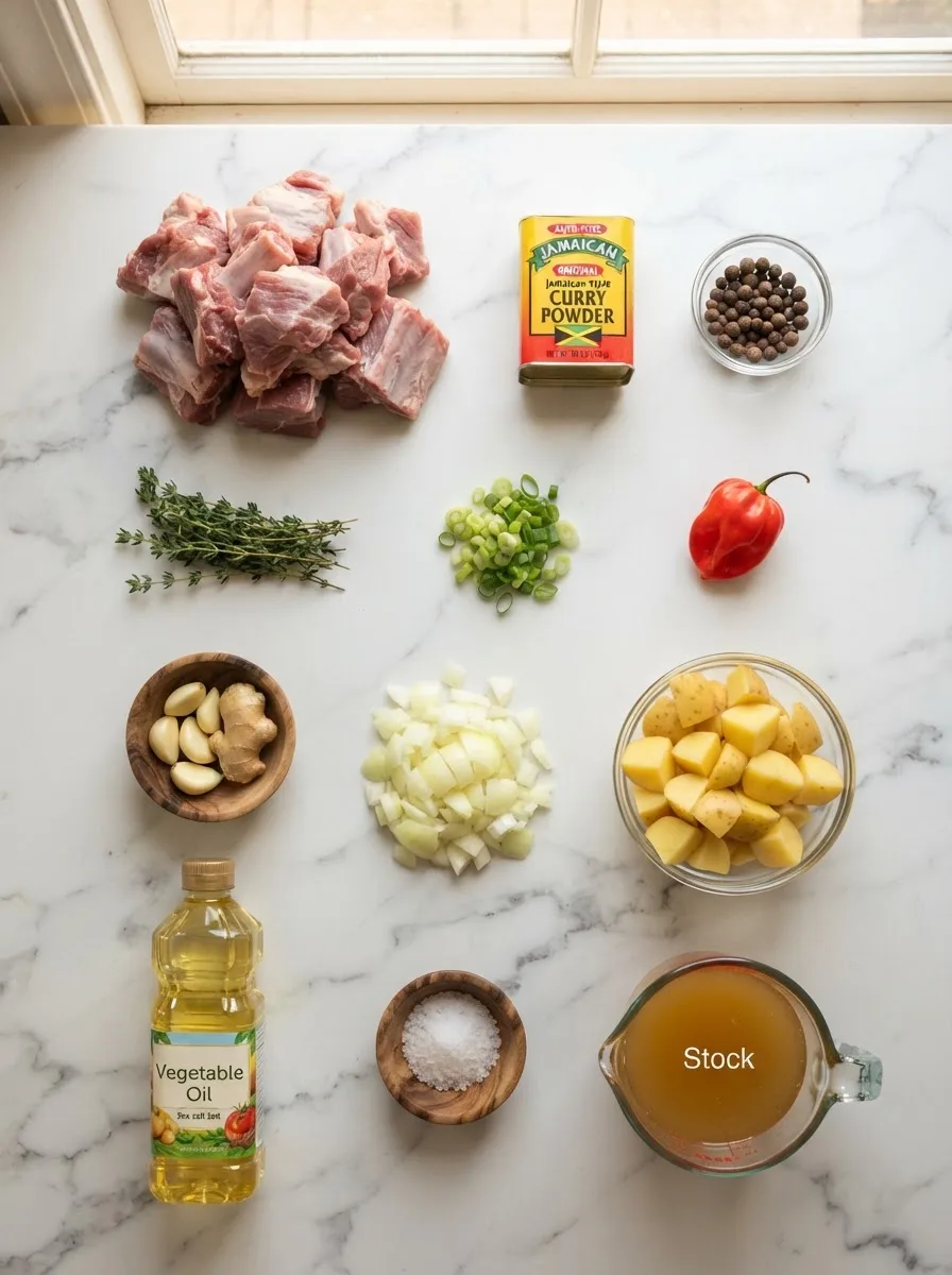 Ingredients for jamaican curry goat measured out including goat meat, curry powder, and Scotch bonnet