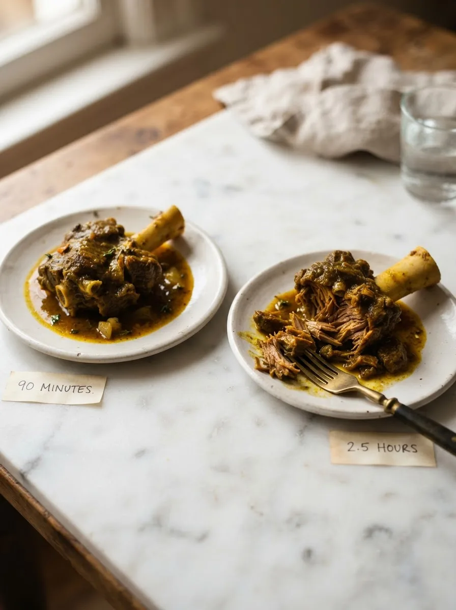 Curry goat tenderness comparison at 90 minutes versus 2.5 hours simmer time