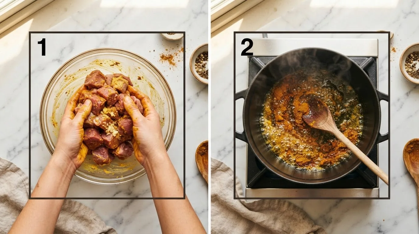Tossing raw goat meat with curry powder and garlic before marinating / Blooming curry powder in hot oil until fragrant and darkened