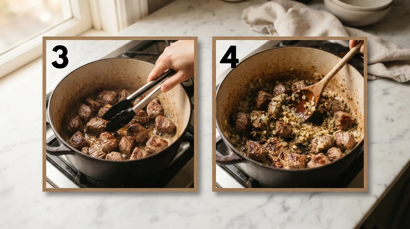 Browning marinated goat meat in batches in a Dutch oven / Sautéing onion and garlic and scraping browned bits from the pot