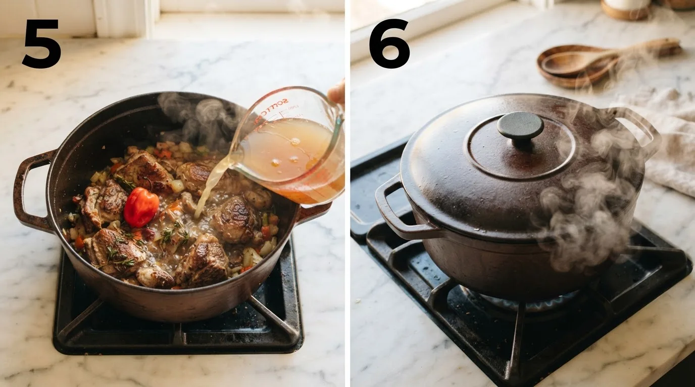 Pouring stock over browned goat with whole Scotch bonnet pepper / Covered Dutch oven simmering low and slow on the stovetop
