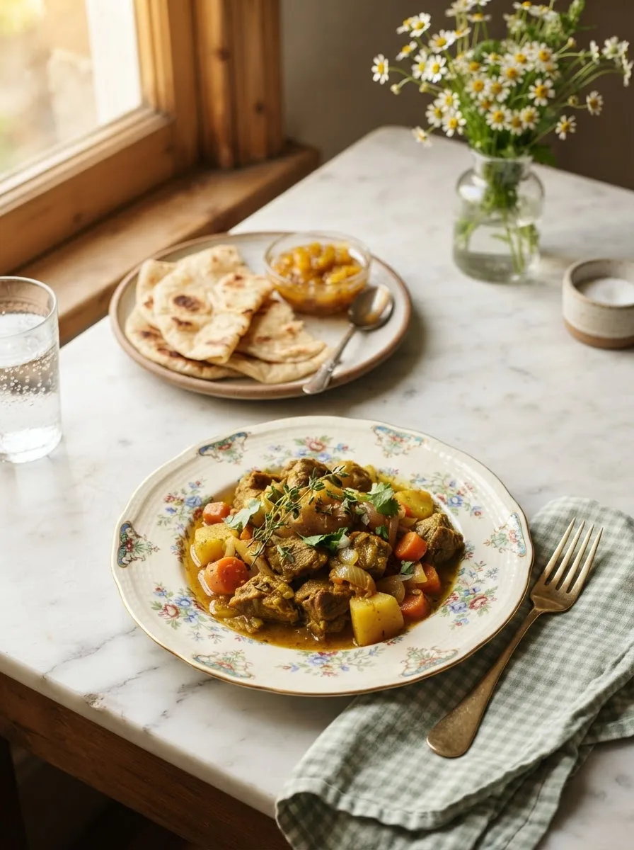 Jamaican curry goat plated with roti on the side at a styled table setting