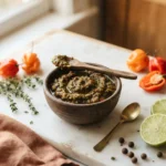 Deep green jamaican jerk seasoning paste in a stoneware bowl with scotch bonnet peppers