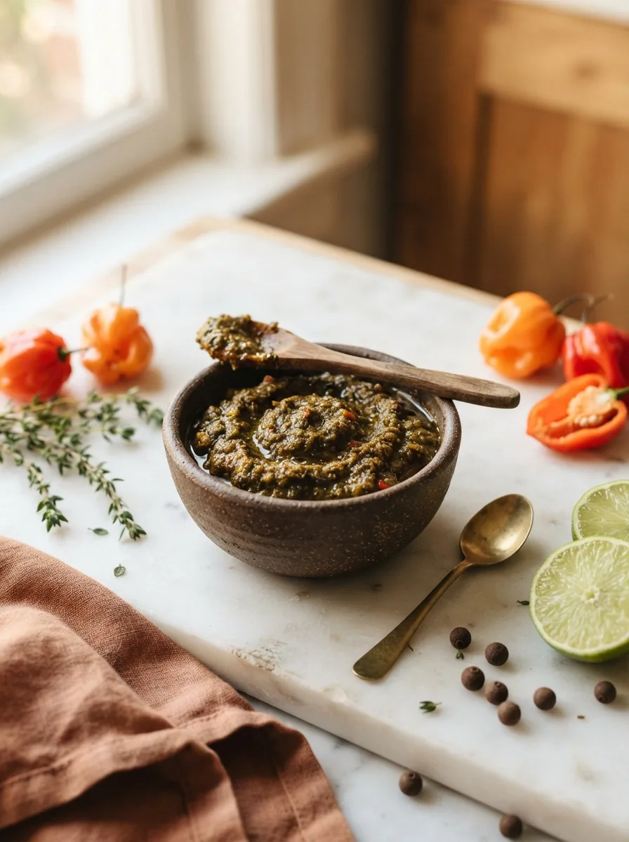 Deep green jamaican jerk seasoning paste in a stoneware bowl with scotch bonnet peppers