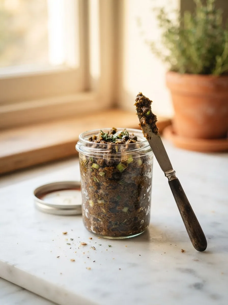Jamaican jerk seasoning texture in a glass jar showing scallion and allspice flecks