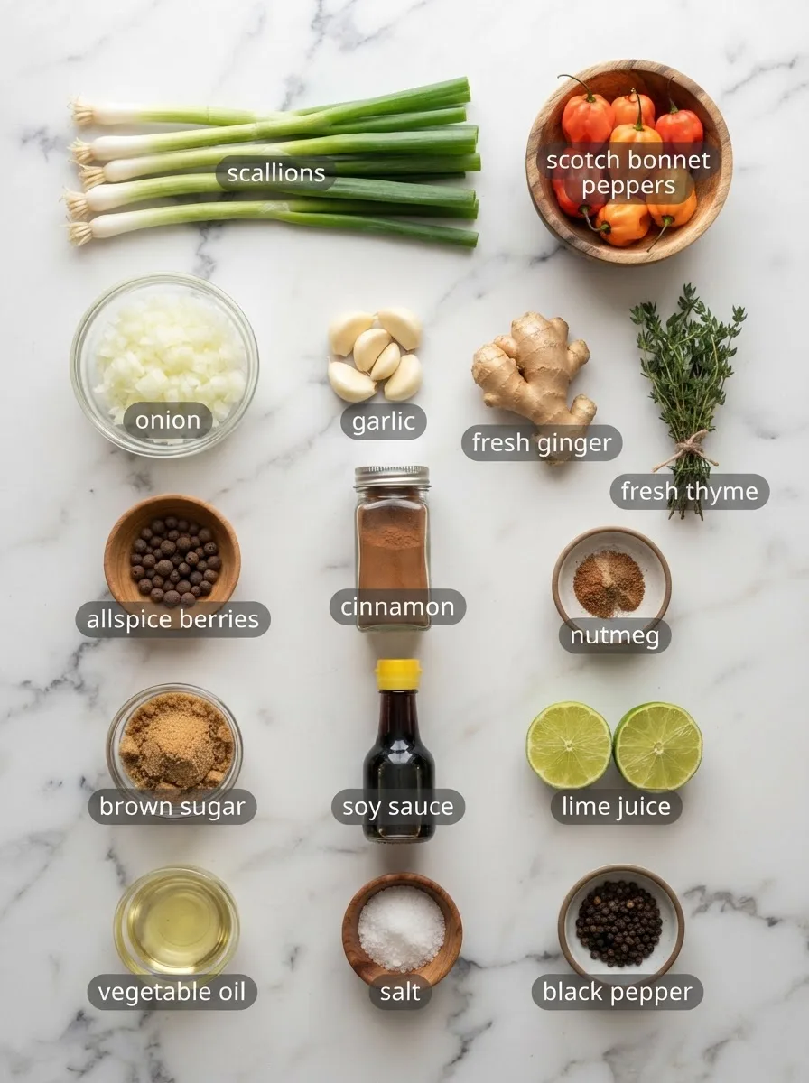 Ingredients for jamaican jerk seasoning laid flat: scotch bonnet, scallions, allspice, thyme