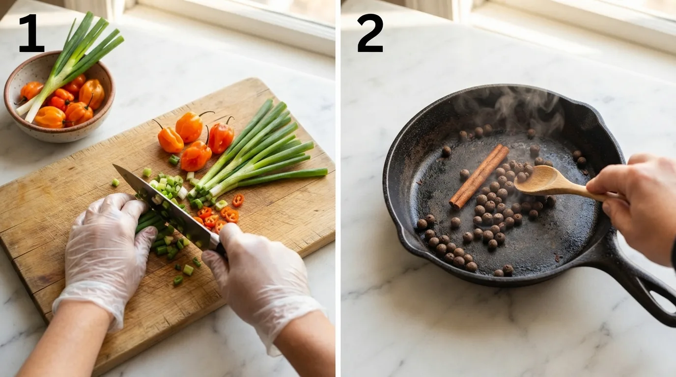 Gloved hands chopping scotch bonnet peppers and scallions on a wood cutting board / Whole allspice berries and cinnamon stick toasting in a cast-iron skillet