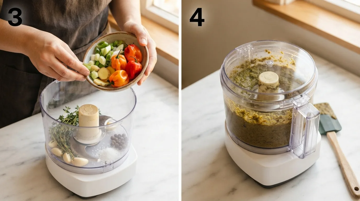 Hands adding scallions and scotch bonnet peppers into a food processor bowl / Food processor blending jerk seasoning into a thick green-brown paste