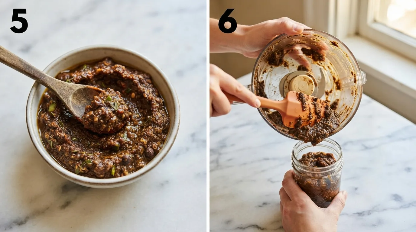 Spoon dipping into finished jamaican jerk seasoning paste to taste / Scraping finished jerk seasoning paste into a glass storage jar