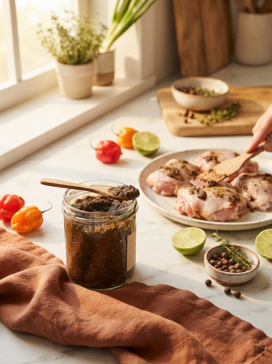 Jamaican jerk seasoning paste being rubbed onto raw chicken thighs on a marble counter