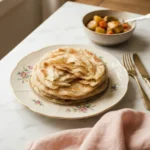 Stack of golden flaky jamaican roti torn open showing soft layered interior on a floral plate