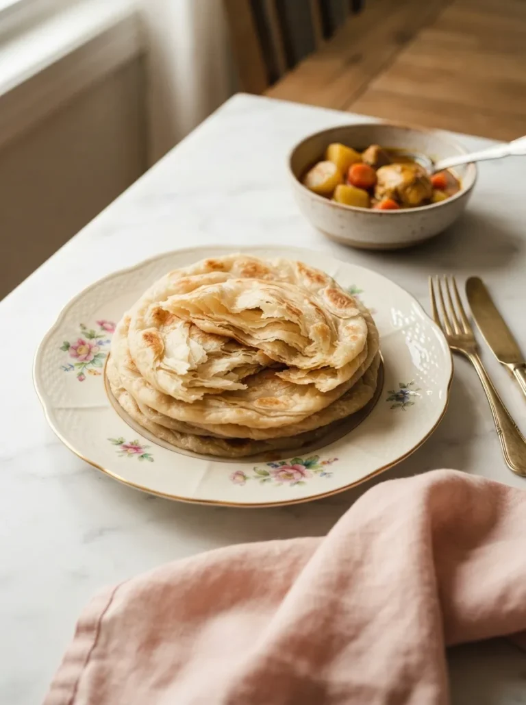 Stack of golden flaky jamaican roti torn open showing soft layered interior on a floral plate