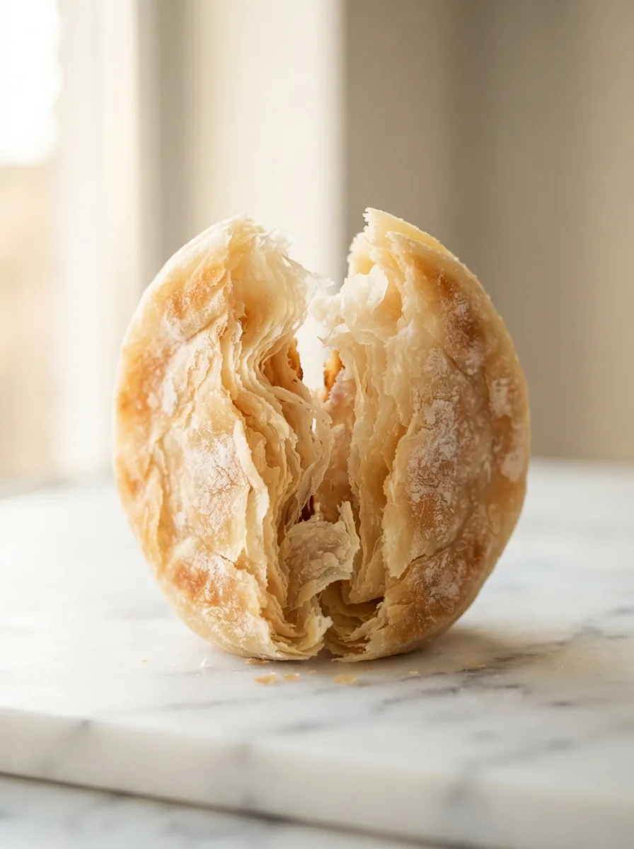 Torn jamaican roti showing thin flaky layers stacked like sheets of paper