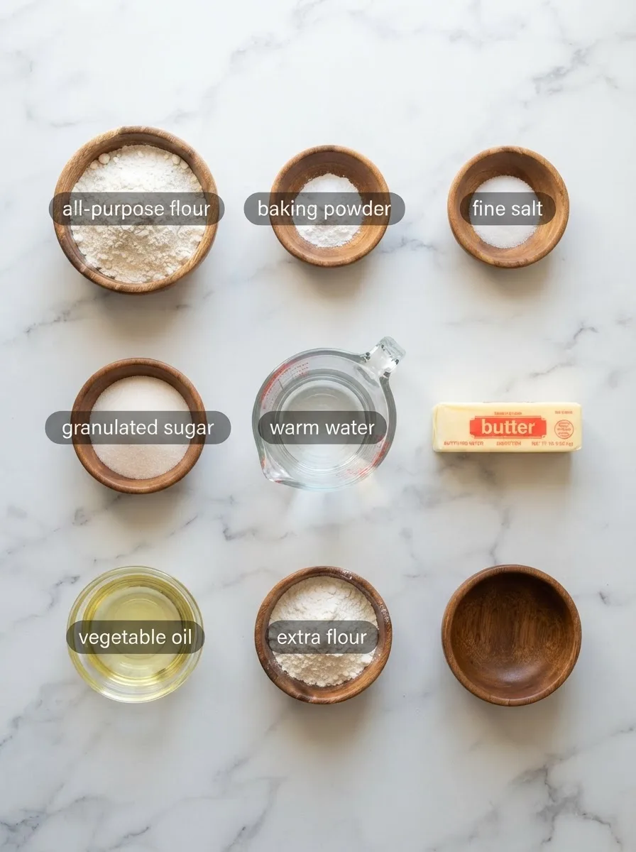 Ingredients for jamaican roti in wood bowls: flour, baking powder, salt, sugar, water, butter