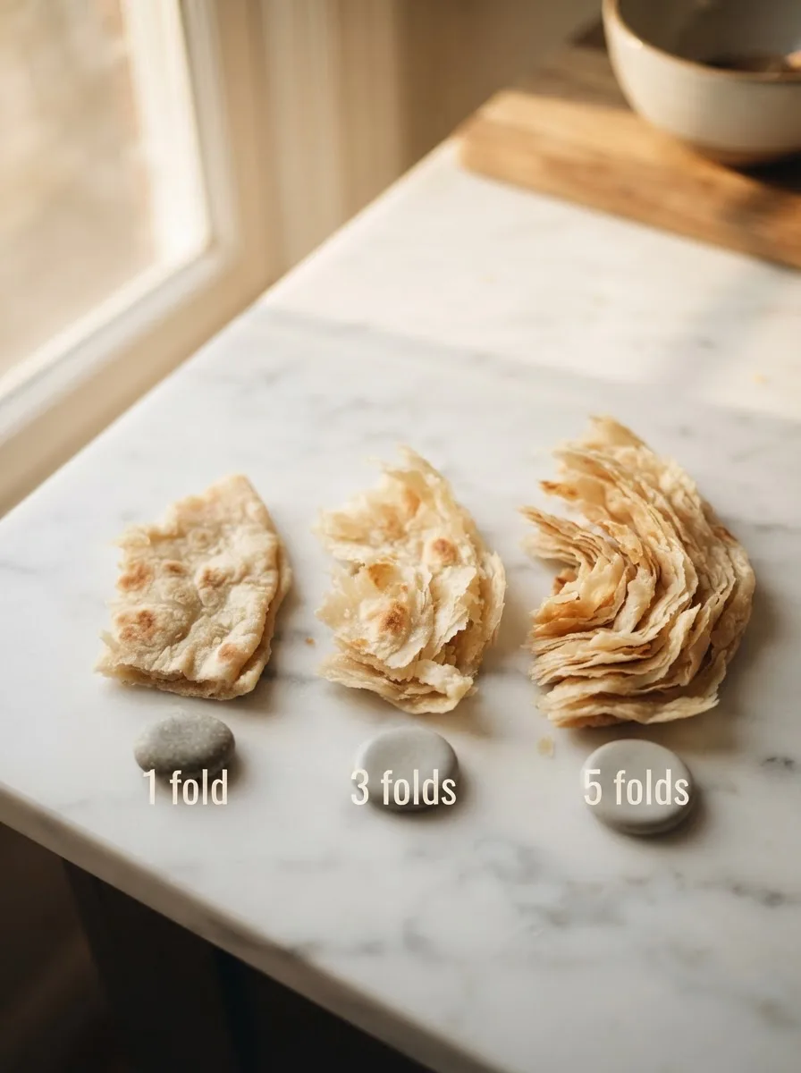 Three jamaican roti compared by fold count showing layer thickness differences