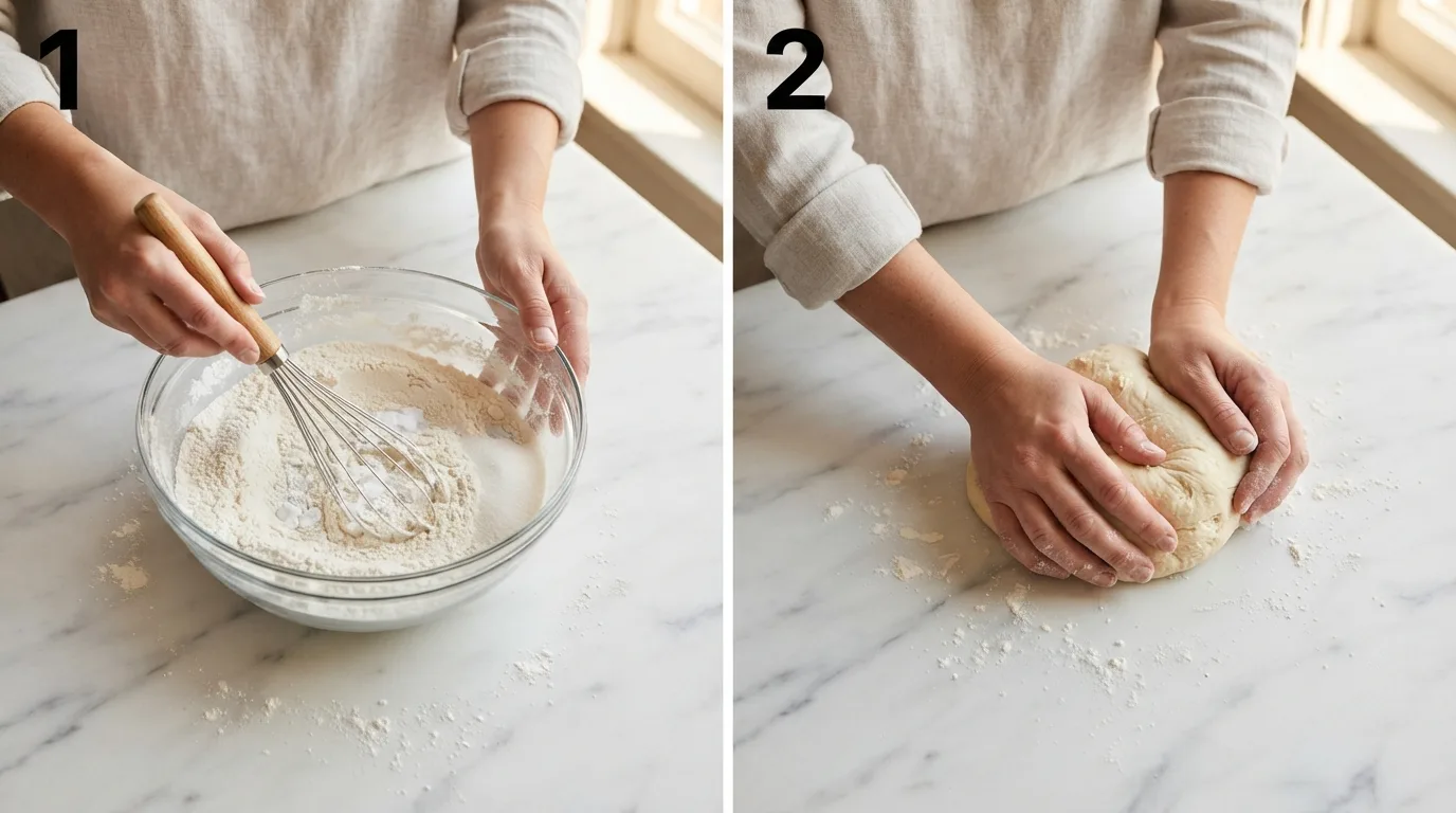 Whisking flour, baking powder, salt, and sugar for jamaican roti dough / Kneading soft jamaican roti dough on a floured marble surface