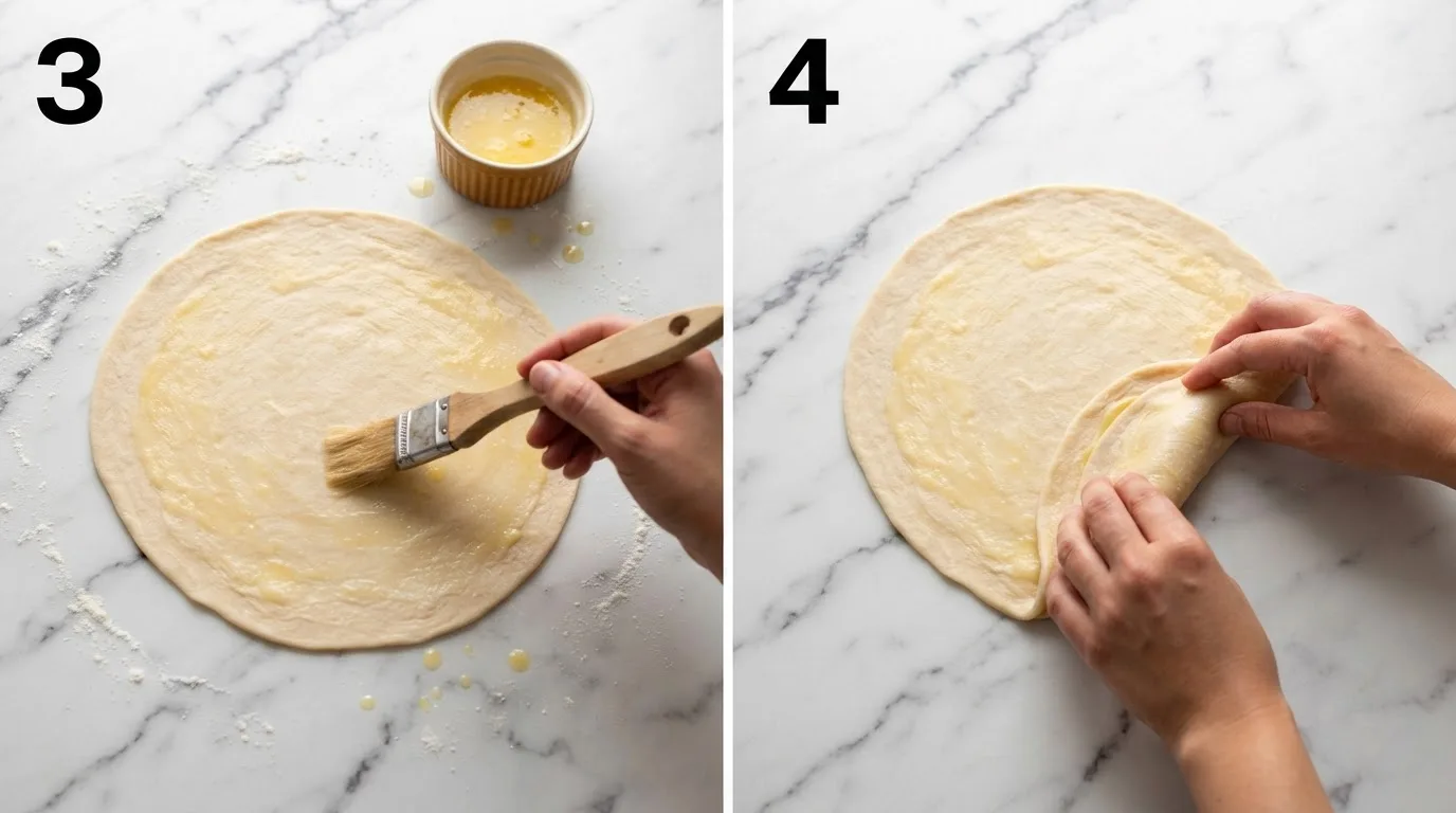 Brushing melted butter over rolled jamaican roti dough with a pastry brush / Folding buttered jamaican roti dough into thirds to build layers