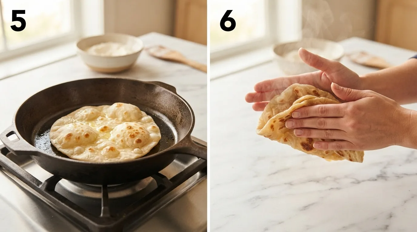 Jamaican roti cooking in a cast iron skillet with golden blistered spots / Clapping cooked jamaican roti between palms to separate the flaky layers
