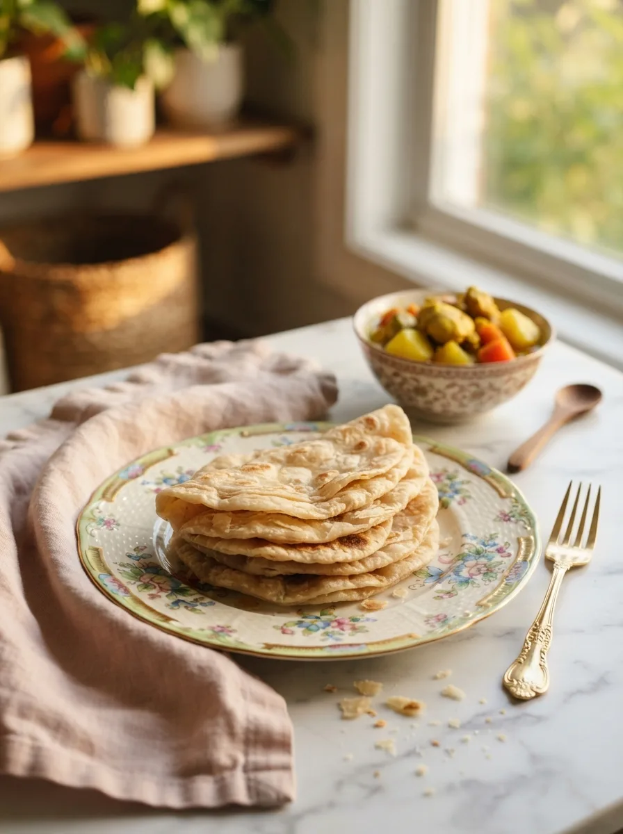Stack of jamaican flatbread served with curry chicken on a floral plate